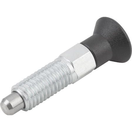 Kipp Indexing Plunger Eco Size:1 D1=M08, D=5, Form:A Wo. Groove Wo Locknut, Steel Not Hard, Comp: Plastic K0747.01105080